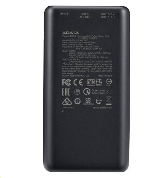ADATA PowerBank P20000QCD - externá batéria pre mobilný telefón/ tablet 20000mAh,  2, 1A,  čierna (74Wh)2 