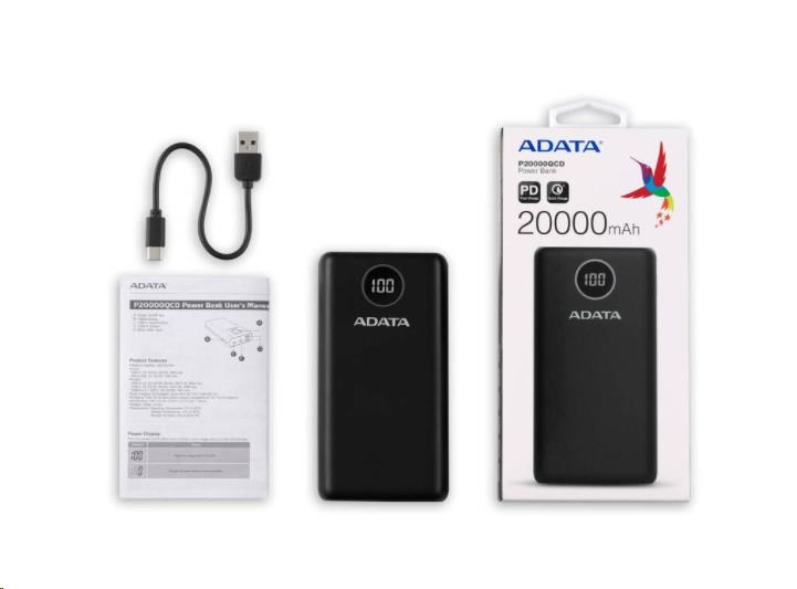 ADATA PowerBank P20000QCD - externá batéria pre mobilný telefón/ tablet 20000mAh,  2, 1A,  čierna (74Wh)0 