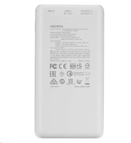 ADATA PowerBank P20000QCD - externá batéria pre mobilný telefón/ tablet 20000mAh,  2, 1A,  biela (74Wh)0 