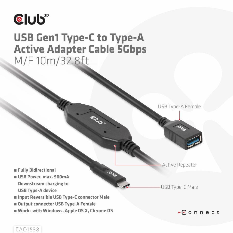 Club3D Kabel USB-C na USB-A,  Aktivní adaptér/ kabel,  5 Gbps (M/ F),  10m6 