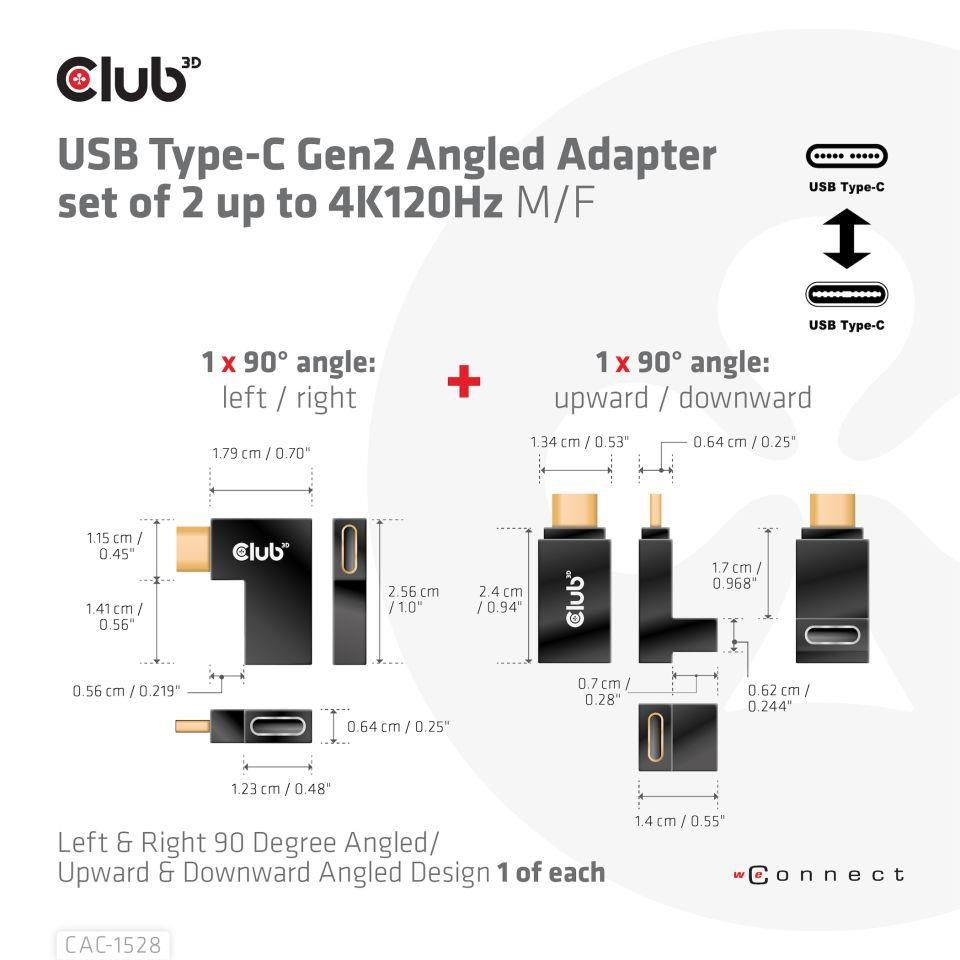 Club3D set adapterů USB-C Gen2 angled adapter set of 2,  4K120Hz,  240W,  (M/ F)2 