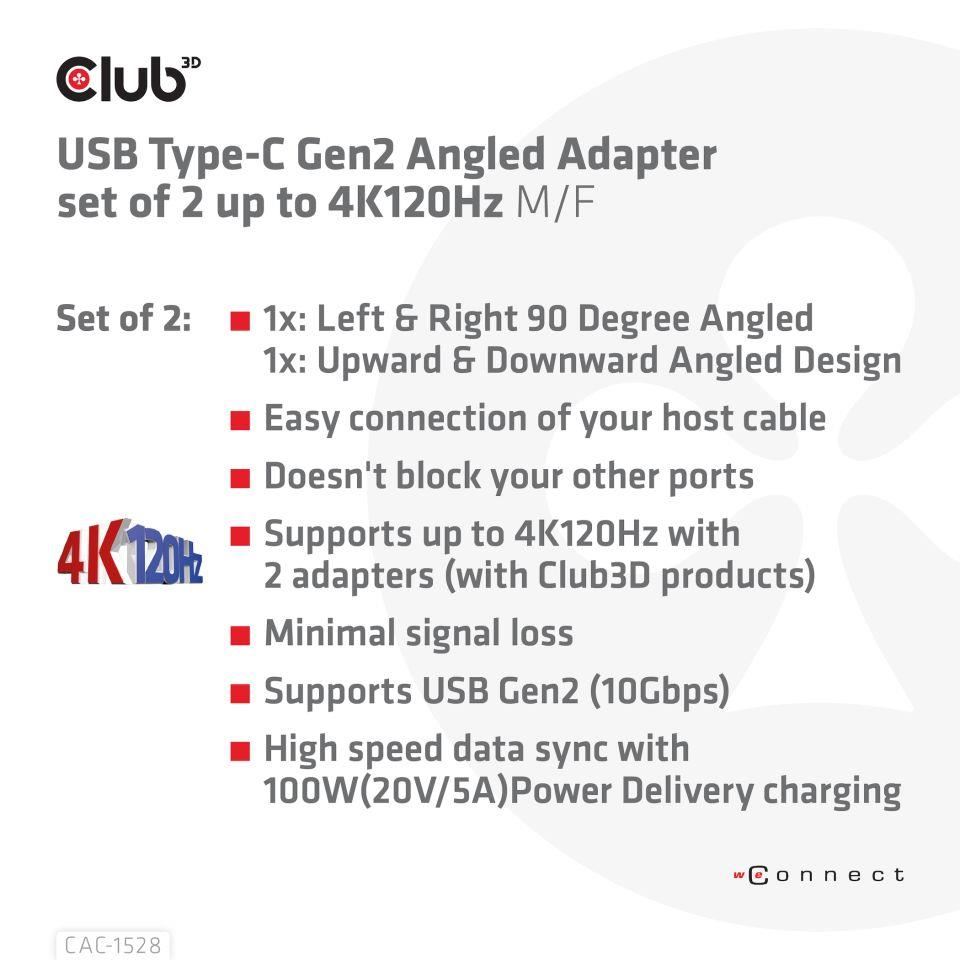 Club3D set adapterů USB-C Gen2 angled adapter set of 2,  4K120Hz,  240W,  (M/ F)4 