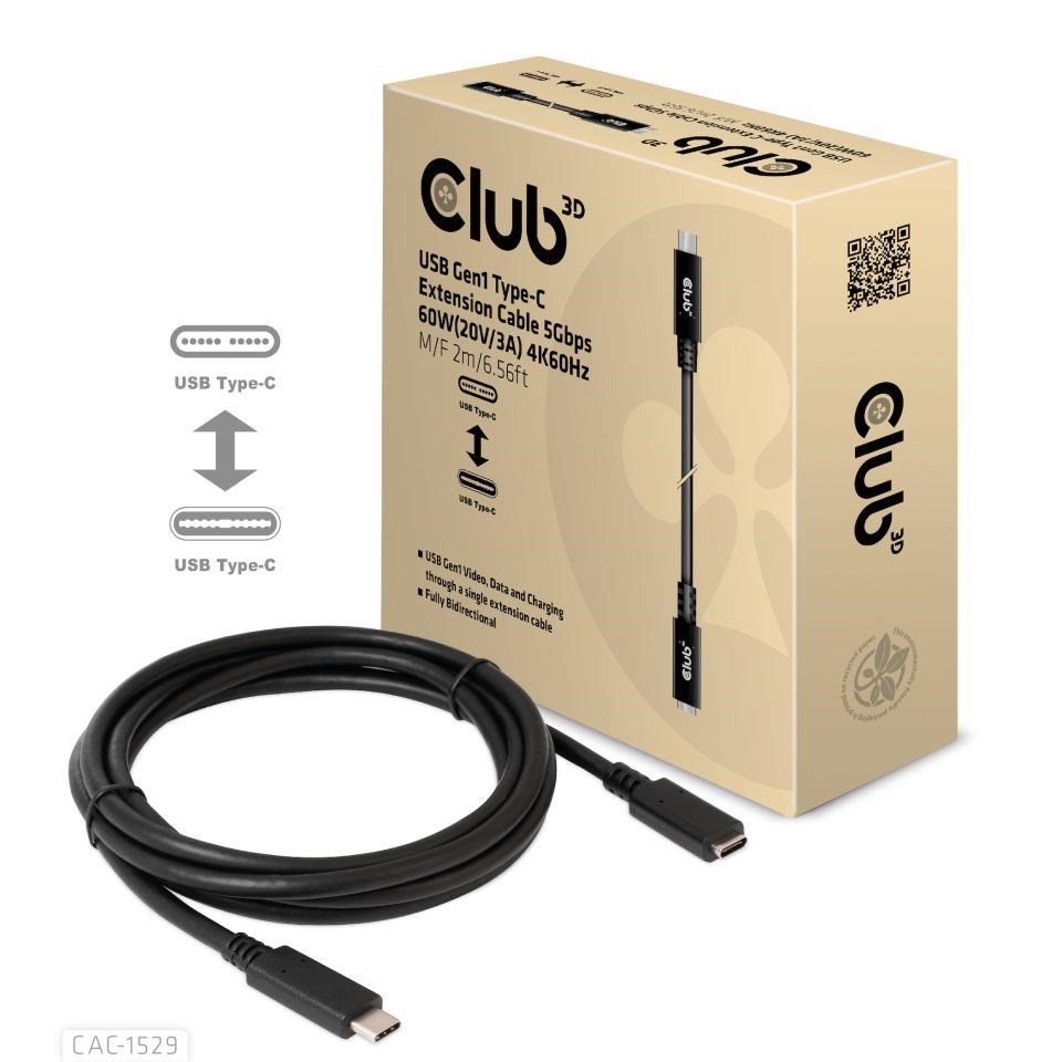 Club3D Prodlužovací kabel USB-C,  5Gbps 60W(20V/ 3A),  4K 60Hz (M/ F),  2m0 