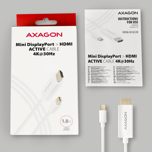 AXAGON RVDM-HI14C2W,  Mini DisplayPort > HDMI 1.4 redukcie /  kábel 1.8 m,  4K/ 30 Hz,  biela5 