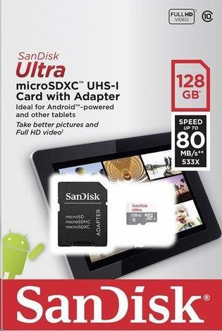 Karta SanDisk MicroSDXC 128 GB Ultra (80 MB/ s,  trieda 10 - balenie pre tablety,  Android) + adaptér1 