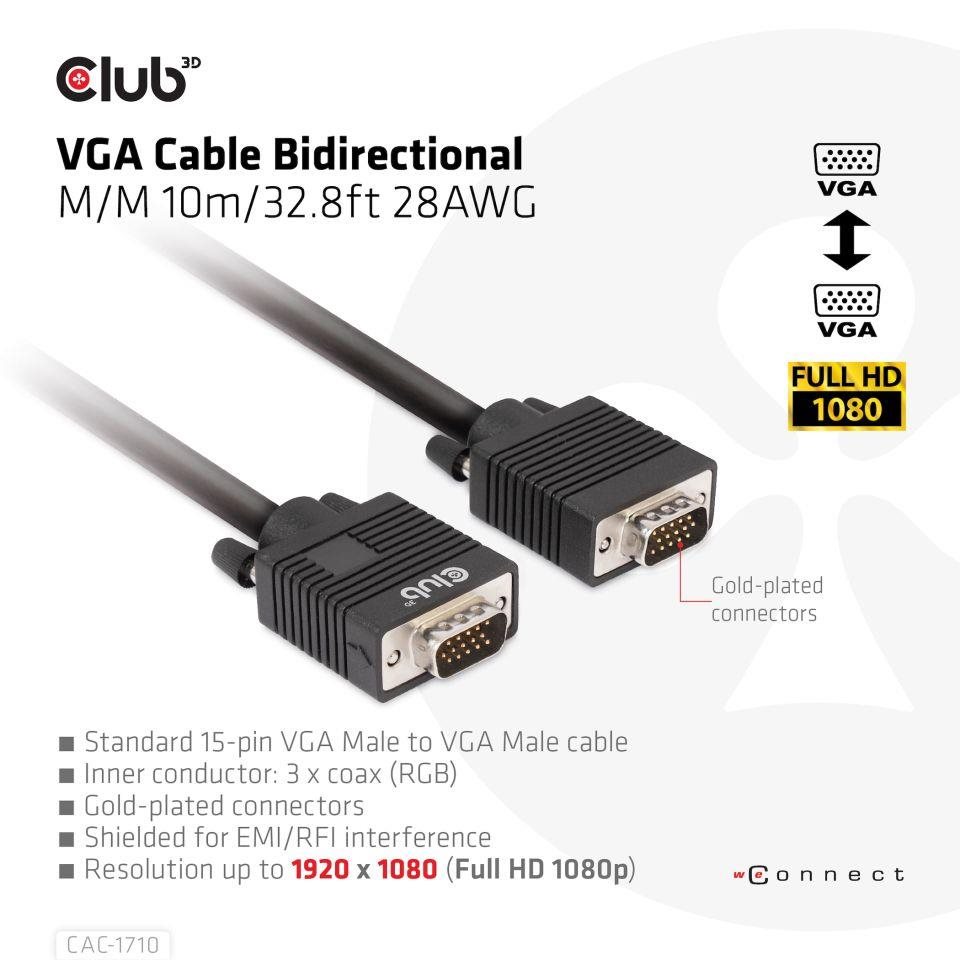 Club3D kabel oboustranný VGA,  M/ M,  28AWG,  10m4 