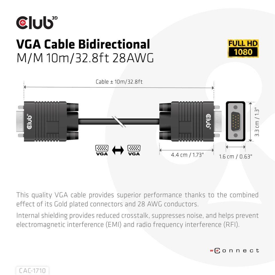 Club3D kabel oboustranný VGA,  M/ M,  28AWG,  10m1 