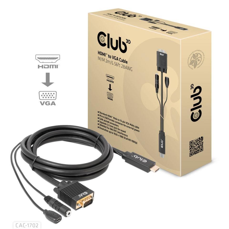 Club3D kábel HDMI na VGA,  M/ M,  28AWG,  2 m0 