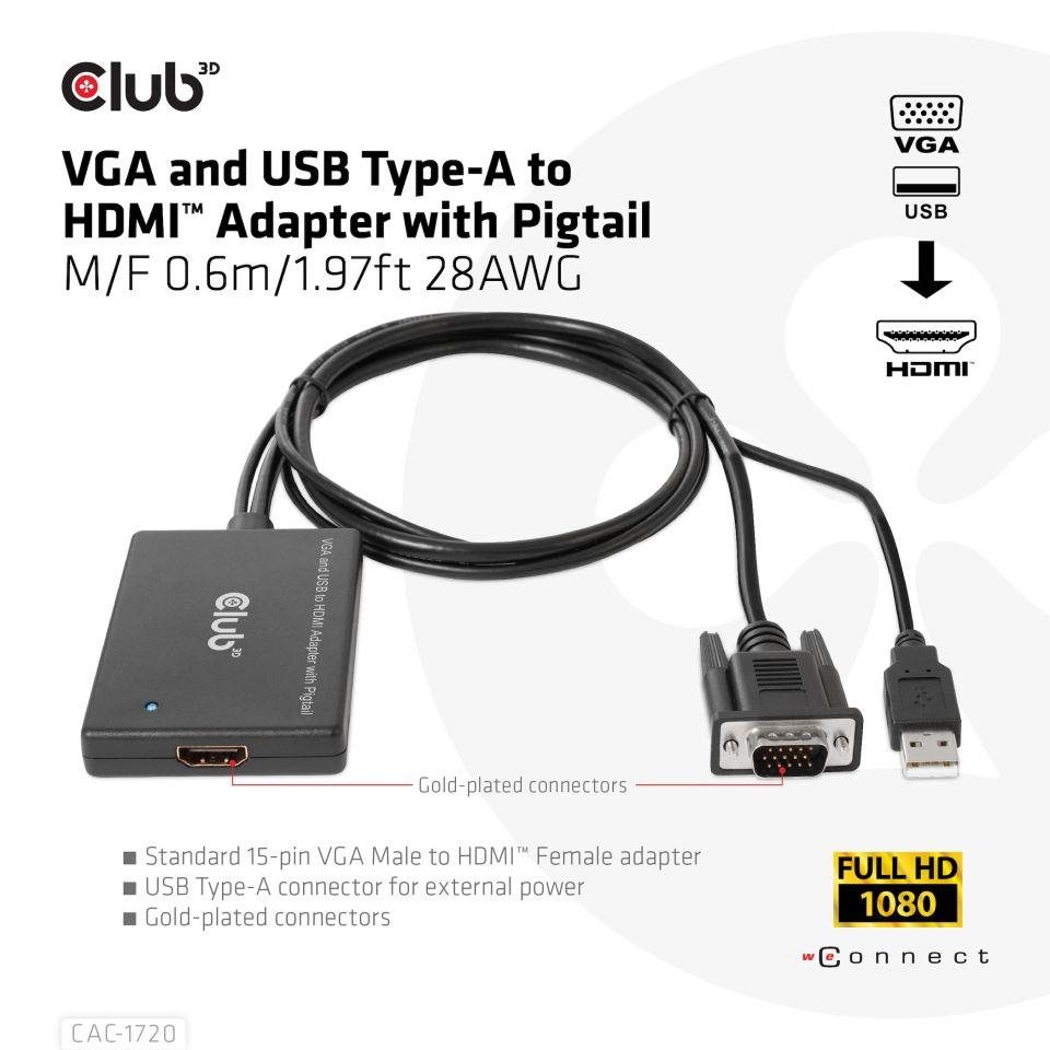 Club3D kabel VGA a USB-A na HDMI s ocáskem,  M/ F,  0.6m1 