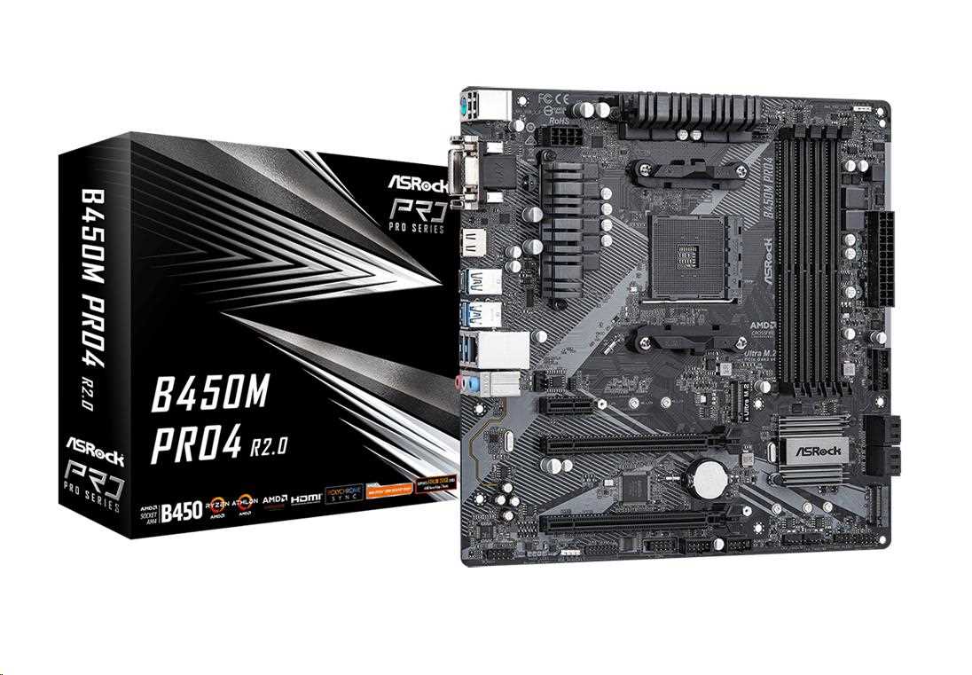 ASRock MB Sc AM4 B450M PRO4 R2.0,  AMD B450,  4xDDR4,  1xHDMI,  1xDVI,  1xVGA,  mATX4 