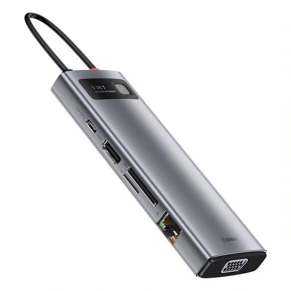 Baseus Metal Gleam Series 9v1 HUB Type-C (USB-C PD 100W,  3* USB 3.0,  HDMI,  VGA,  RJ45,  SD/ TF port),  sivá6 