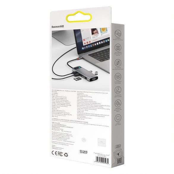 Baseus Metal Gleam Series 9v1 HUB Type-C (USB-C PD 100W,  3* USB 3.0,  HDMI,  VGA,  RJ45,  SD/ TF port),  sivá1 