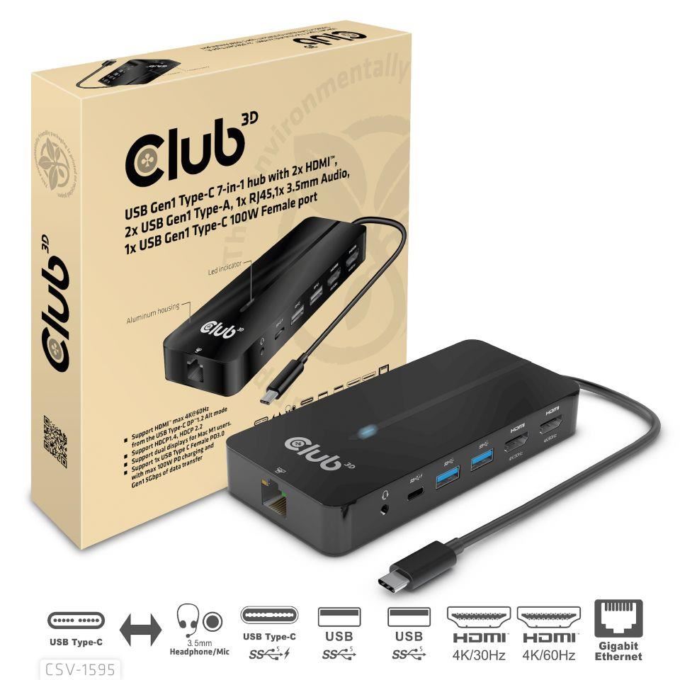 Club3D hub USB-C,  7-in-1 hub s 2x HDMI,  2x USB Gen1 Type-A,  1x RJ45,  1x 3.5mm audio,  1x USB Gen1 Type-C,  100W PD4 