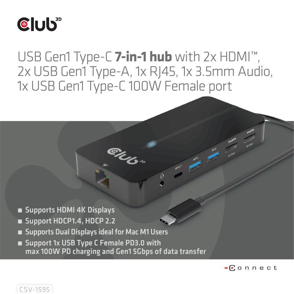 Club3D hub USB-C,  7-in-1 hub s 2x HDMI,  2x USB Gen1 Type-A,  1x RJ45,  1x 3.5mm audio,  1x USB Gen1 Type-C,  100W PD4 