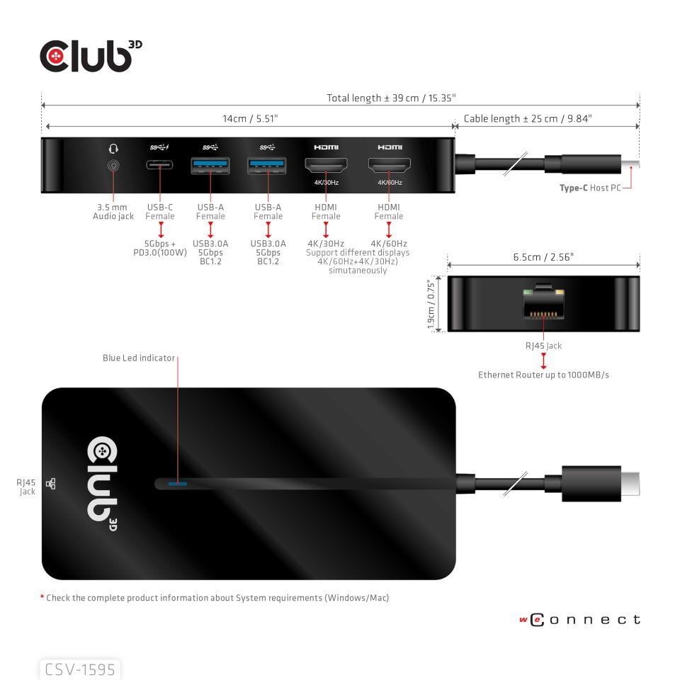 Club3D hub USB-C,  7-in-1 hub s 2x HDMI,  2x USB Gen1 Type-A,  1x RJ45,  1x 3.5mm audio,  1x USB Gen1 Type-C,  100W PD5 