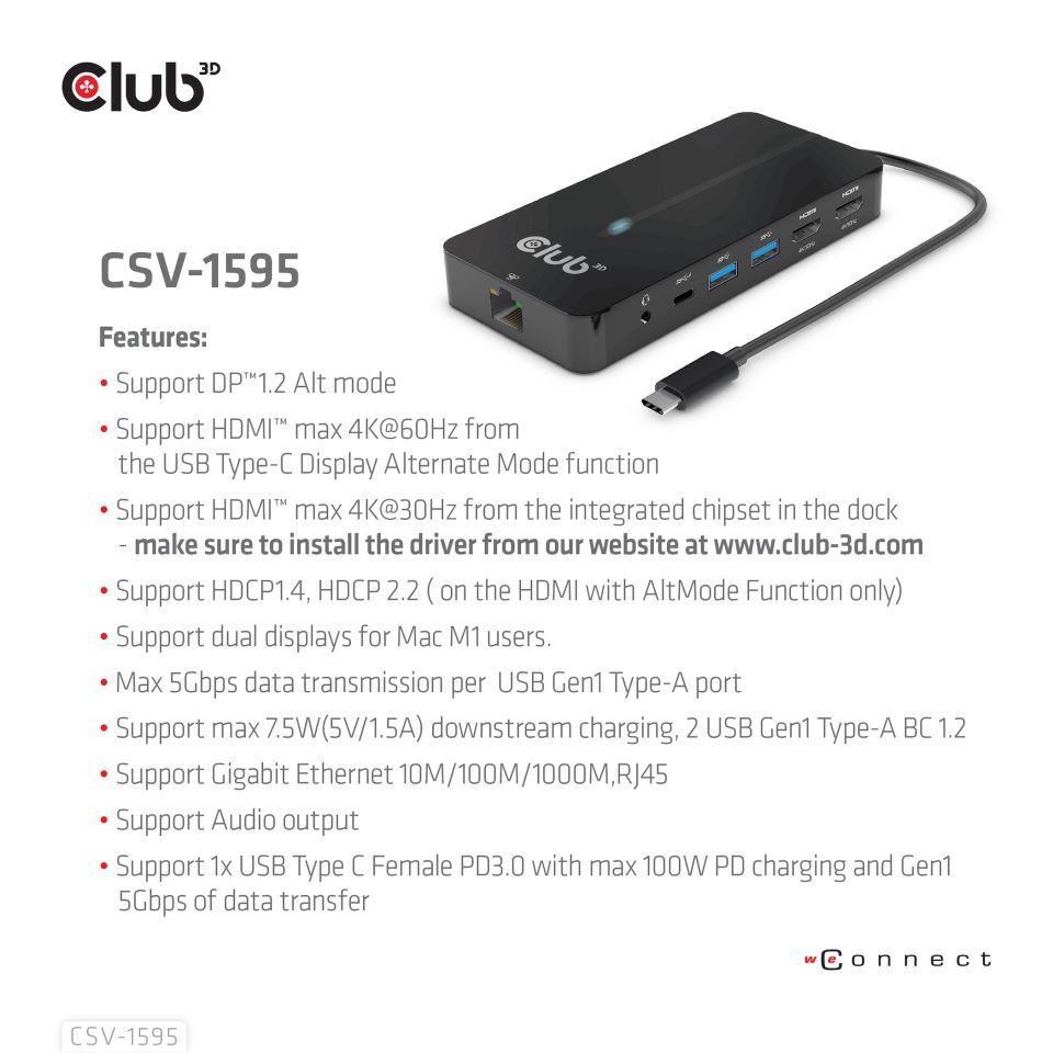 Club3D hub USB-C,  7-in-1 hub s 2x HDMI,  2x USB Gen1 Type-A,  1x RJ45,  1x 3.5mm audio,  1x USB Gen1 Type-C,  100W PD6 