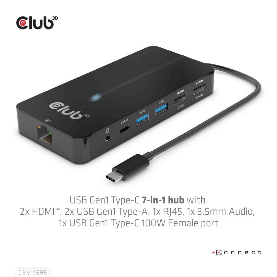 Club3D hub USB-C,  7-in-1 hub s 2x HDMI,  2x USB Gen1 Type-A,  1x RJ45,  1x 3.5mm audio,  1x USB Gen1 Type-C,  100W PD2 