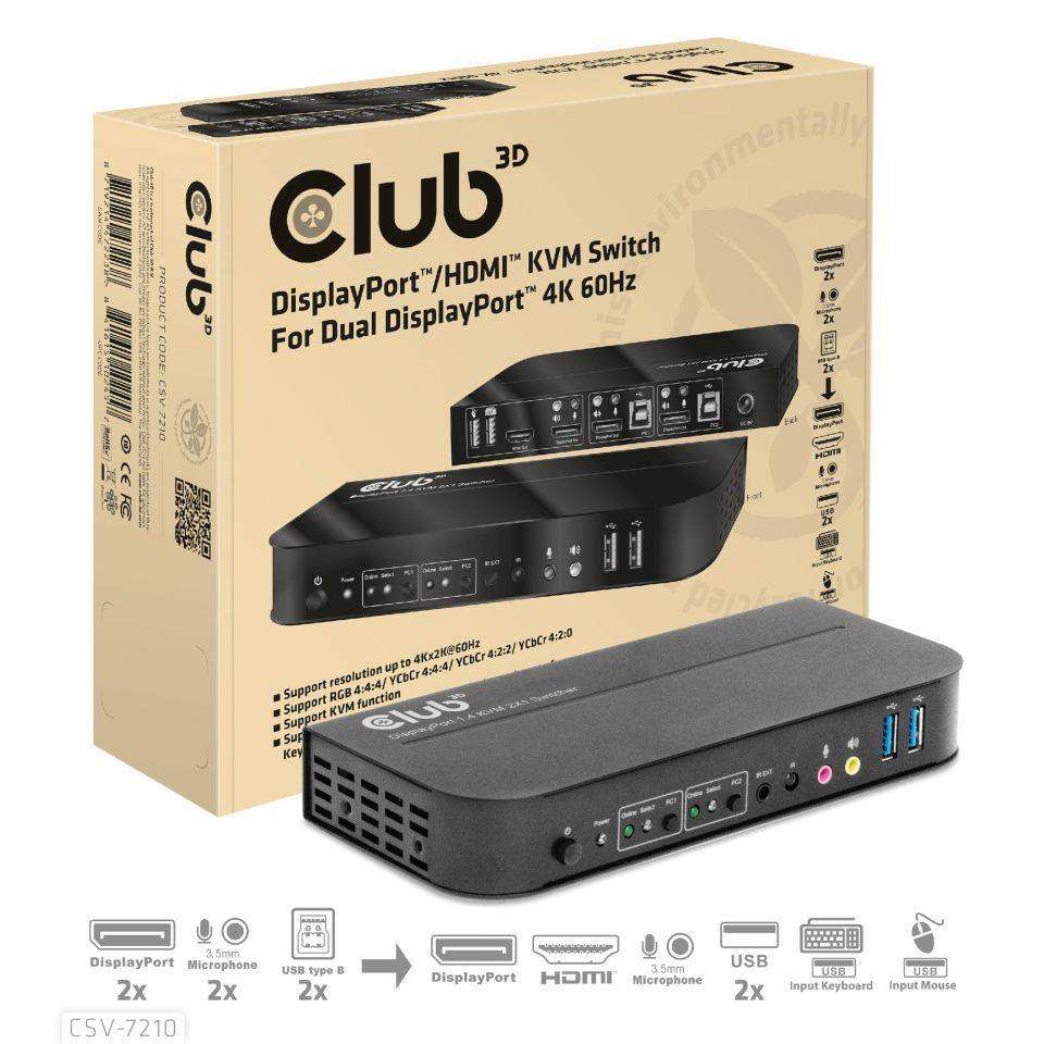 Club3D Network Switch - Prepínač,  DP/ HDMI KVM prepínač - Dual DP 4K 60Hz0 
