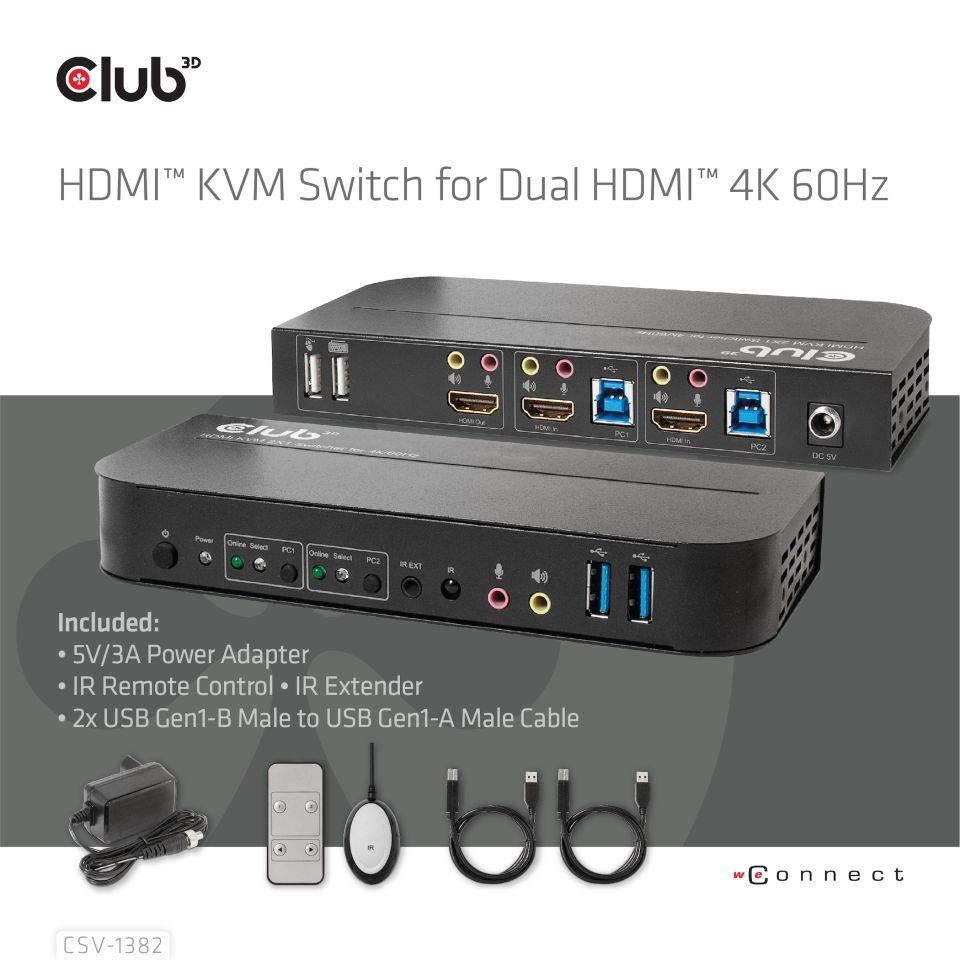 Sieťový prepínač Club3D - Prepínač,  HDMI KVM prepínač - Dual HDMI 4K 60Hz1 
