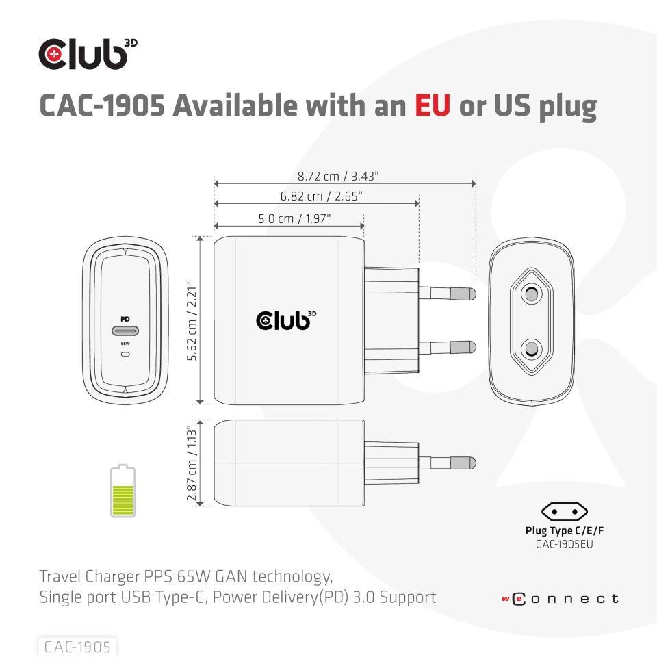 Cestovná nabíjačka Club3D PPS 65W technológia GAN, USB Type-C, Power Delivery(PD) 3.0 Podpora6 