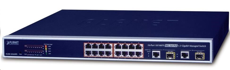 Planet FGSW-1816HPS PoE switch 16x 100-TX,  2x 1000-T/ SFP,  PoE 802.3at0 