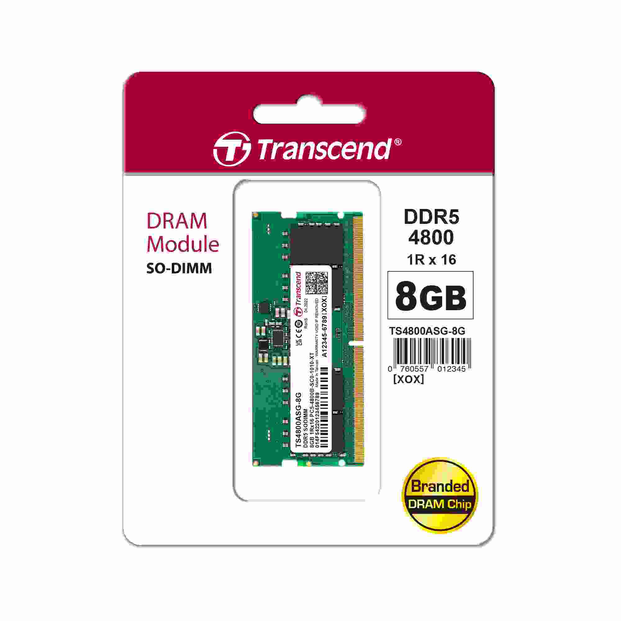 SODIMM DDR5 16GB 4800MHz TRANSCEND 1Rx8 2Gx8 CL40 1.1V0 