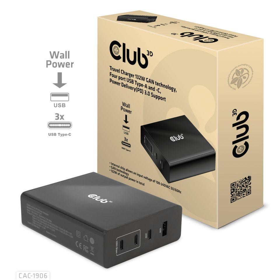 Cestovná nabíjačka Club3D 132W technológia GAN,  4xUSB-A a USB-C,  PD 3.0 Podpora0 
