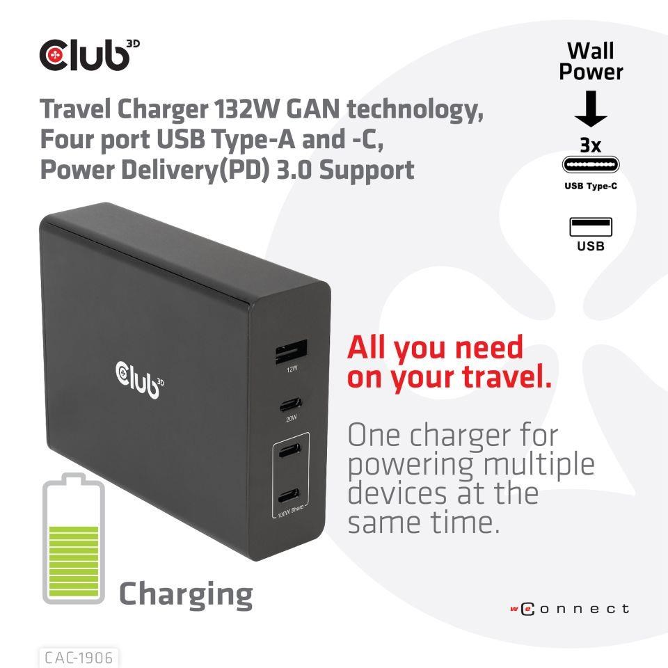 Cestovná nabíjačka Club3D 132W technológia GAN,  4xUSB-A a USB-C,  PD 3.0 Podpora1 