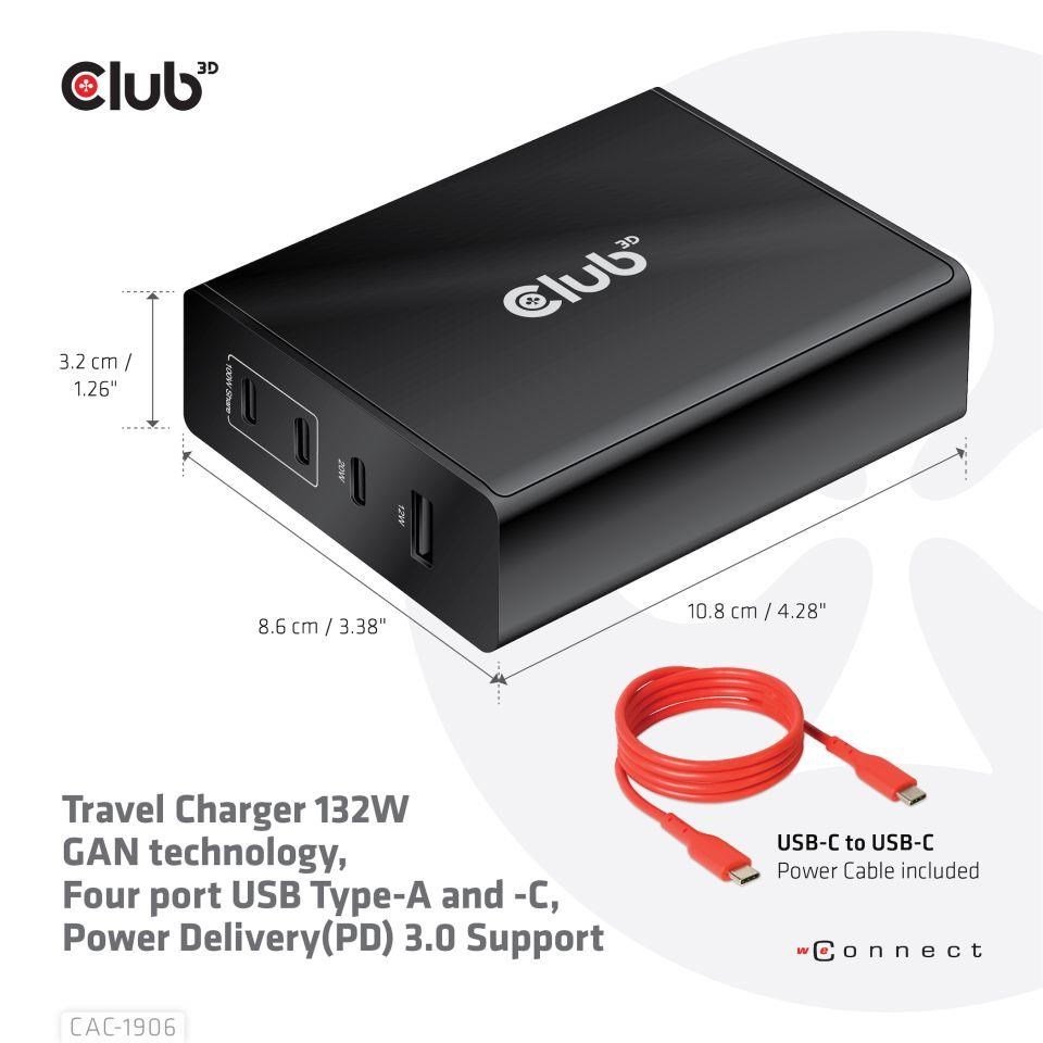 Cestovná nabíjačka Club3D 132W technológia GAN,  4xUSB-A a USB-C,  PD 3.0 Podpora2 