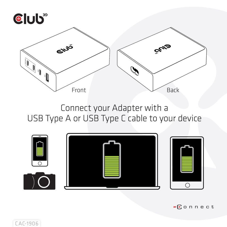 Cestovná nabíjačka Club3D 132W technológia GAN,  4xUSB-A a USB-C,  PD 3.0 Podpora4 