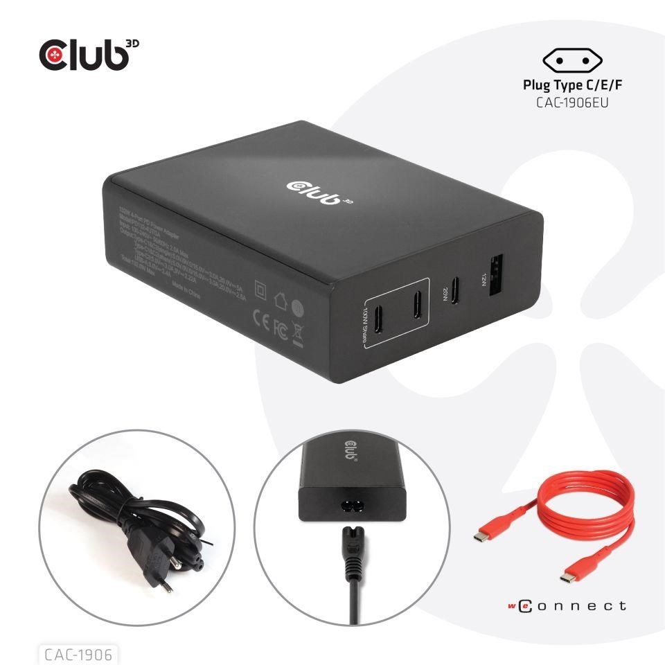 Cestovná nabíjačka Club3D 132W technológia GAN,  4xUSB-A a USB-C,  PD 3.0 Podpora7 