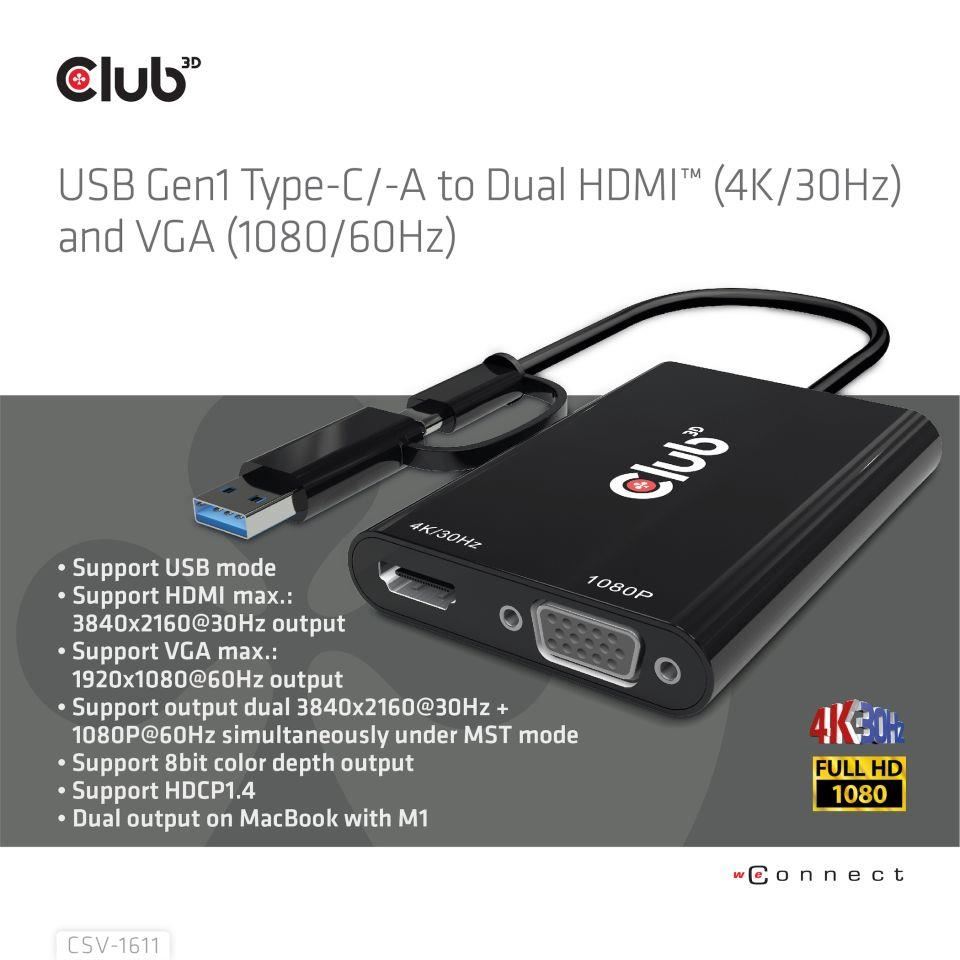 Club3D adaptér USB Gen1 Type-C/ -A na duálny HDMI (4K/ 30Hz) /  VGA (1080/ 60Hz)1 