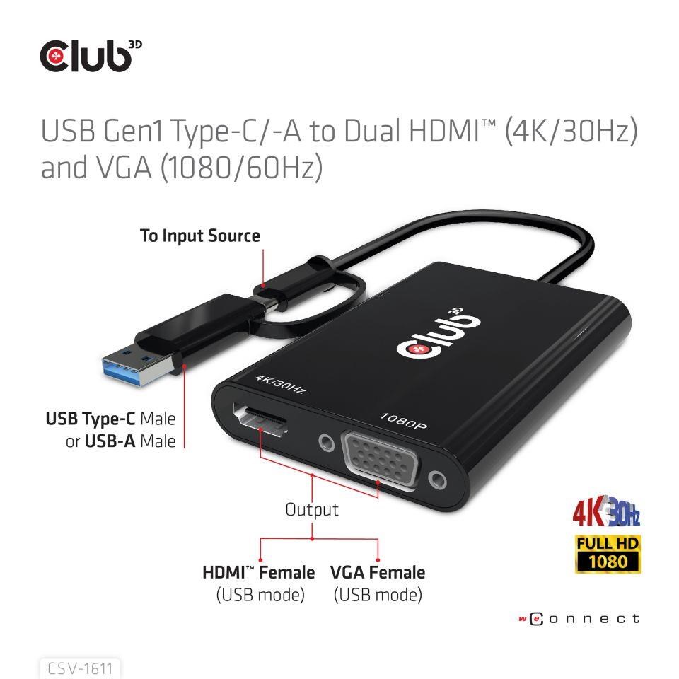 Club3D adaptér USB Gen1 Type-C/ -A na duálny HDMI (4K/ 30Hz) /  VGA (1080/ 60Hz)2 