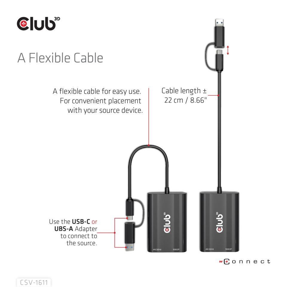 Club3D adaptér USB Gen1 Type-C/ -A na duálny HDMI (4K/ 30Hz) /  VGA (1080/ 60Hz)5 