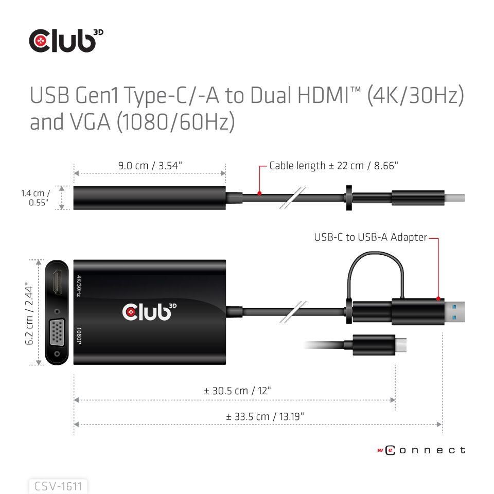 Club3D adaptér USB Gen1 Type-C/ -A na duálny HDMI (4K/ 30Hz) /  VGA (1080/ 60Hz)6 