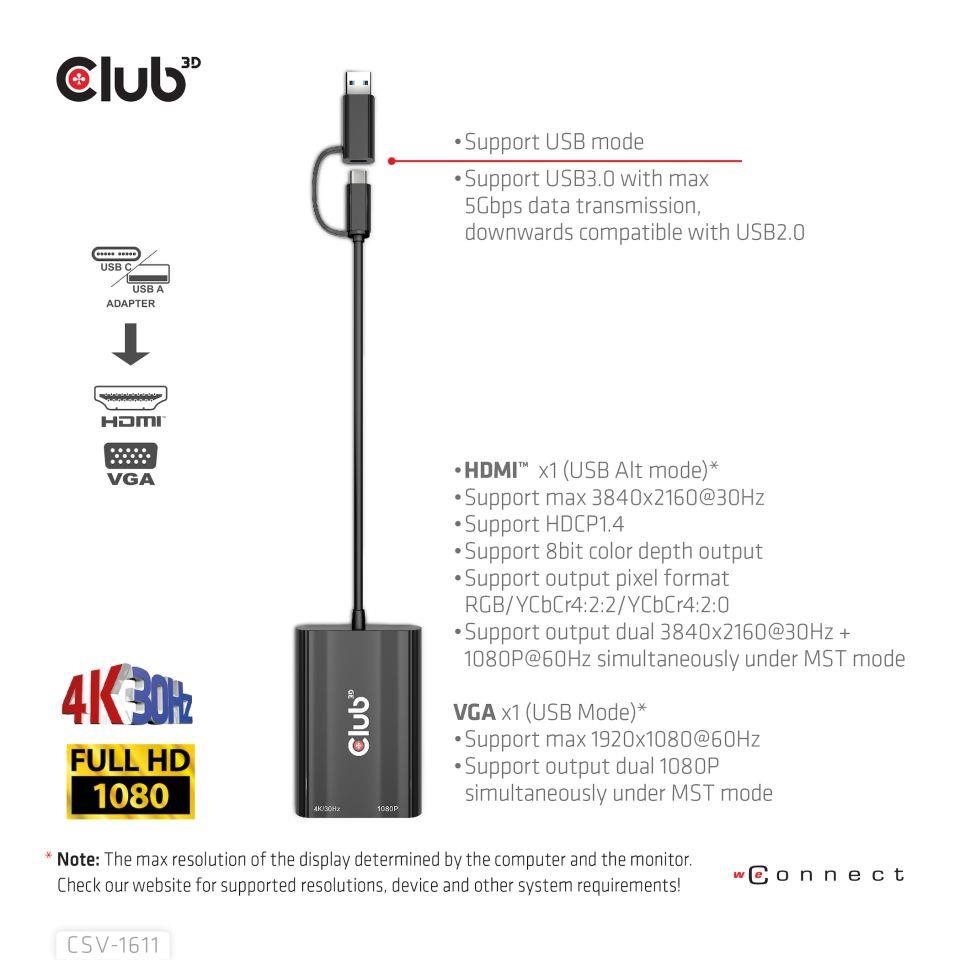 Club3D adaptér USB Gen1 Type-C/ -A na duálny HDMI (4K/ 30Hz) /  VGA (1080/ 60Hz)7 