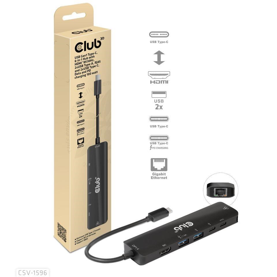 Club3D Hub USB-C,  rozbočovač 6 v 1 s HDMI 8K30Hz,  2xUSB typu A,  RJ45 a 2xUSB typu C,  Data a PD nabíjení 100W0 
