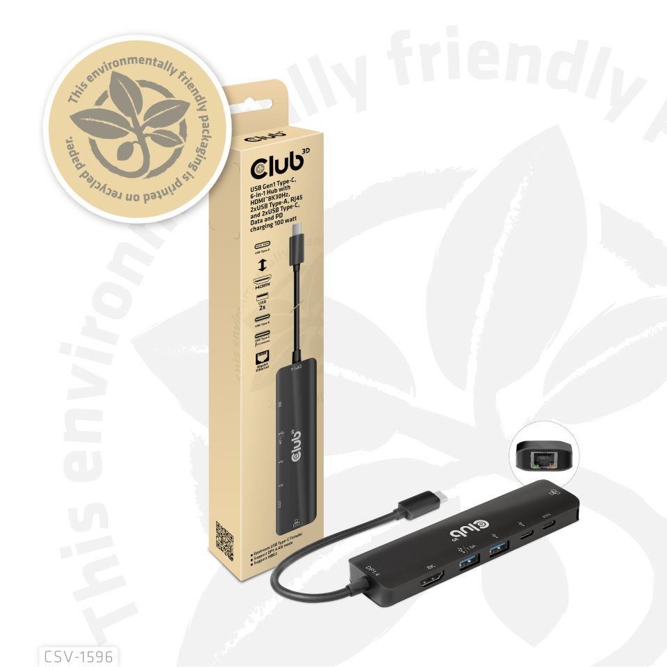 Club3D Hub USB-C,  rozbočovač 6 v 1 s HDMI 8K30Hz,  2xUSB typu A,  RJ45 a 2xUSB typu C,  Data a PD nabíjení 100W9 