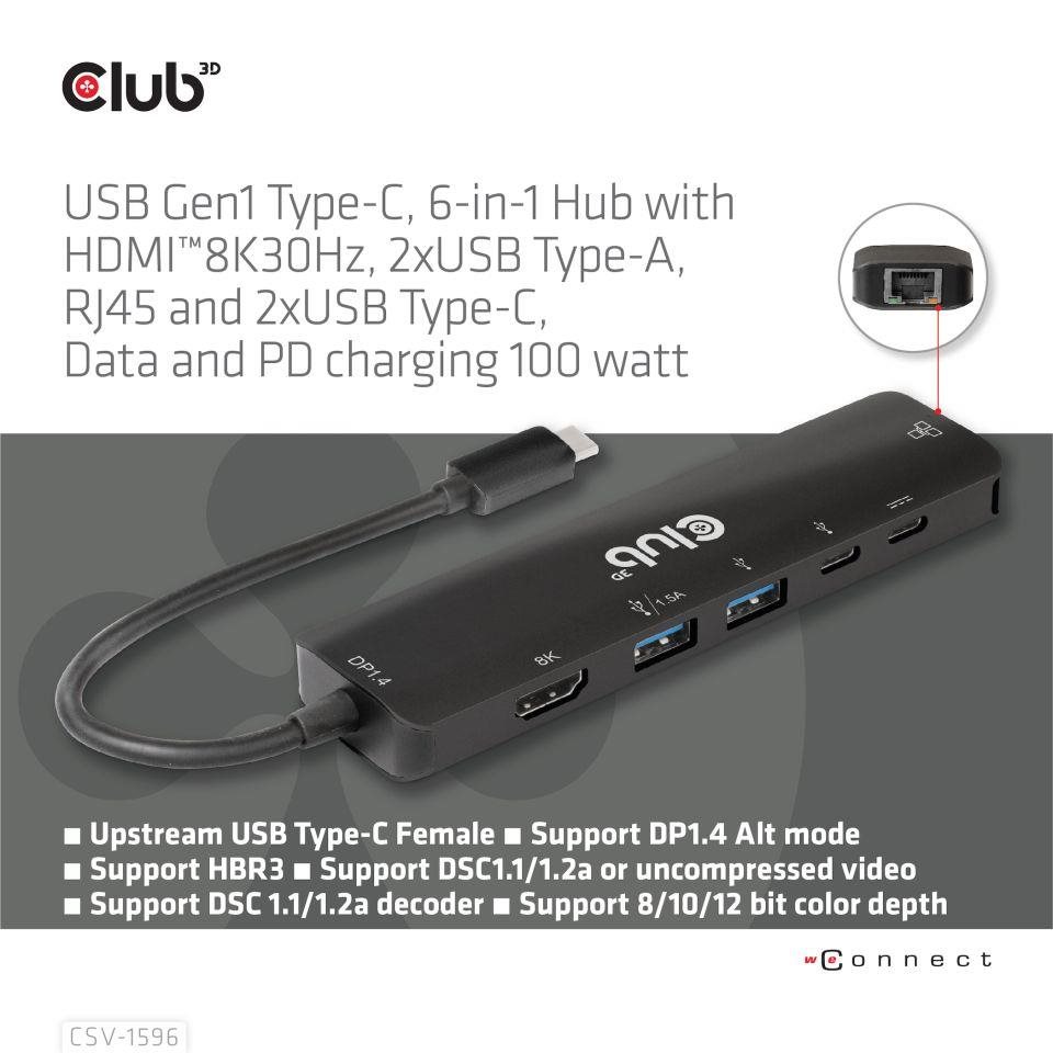 Club3D Hub USB-C,  rozbočovač 6 v 1 s HDMI 8K30Hz,  2xUSB typu A,  RJ45 a 2xUSB typu C,  Data a PD nabíjení 100W1 