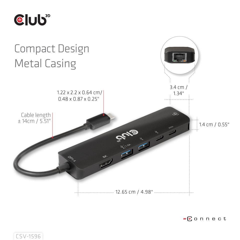 Club3D Hub USB-C,  rozbočovač 6 v 1 s HDMI 8K30Hz,  2xUSB typu A,  RJ45 a 2xUSB typu C,  Data a PD nabíjení 100W4 