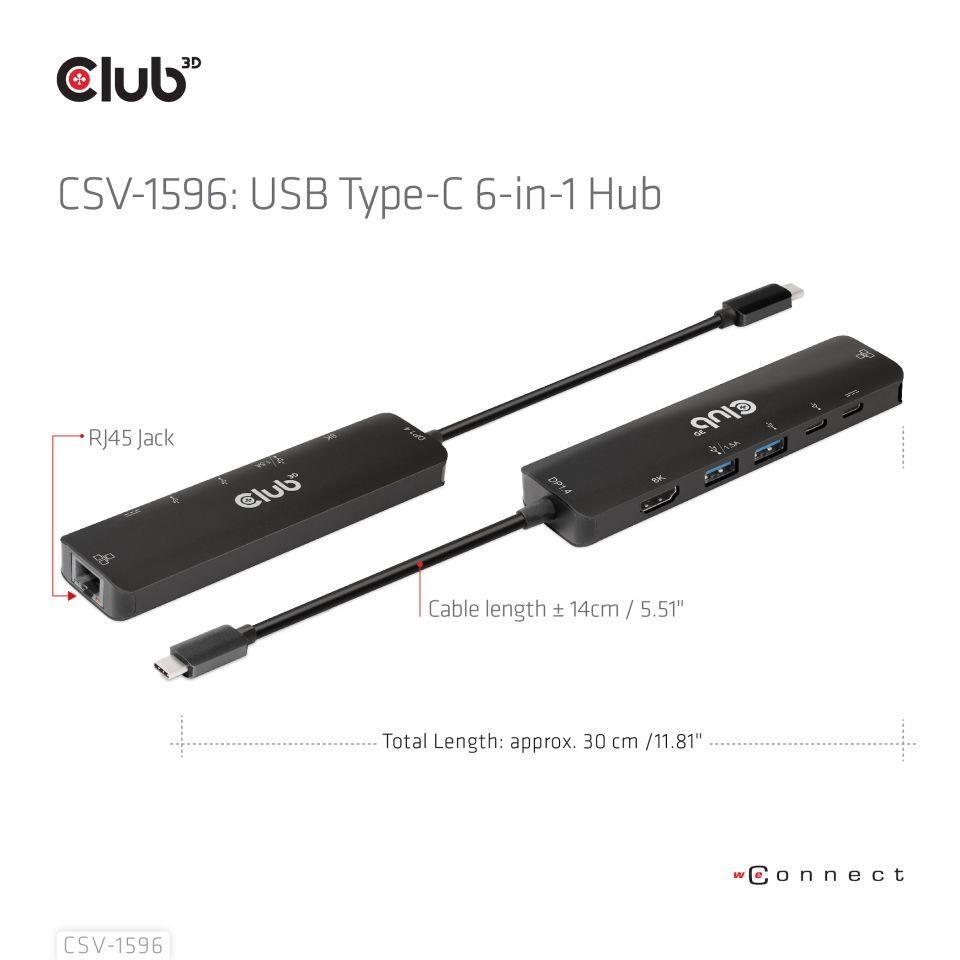 Club3D Hub USB-C,  rozbočovač 6 v 1 s HDMI 8K30Hz,  2xUSB typu A,  RJ45 a 2xUSB typu C,  Data a PD nabíjení 100W5 