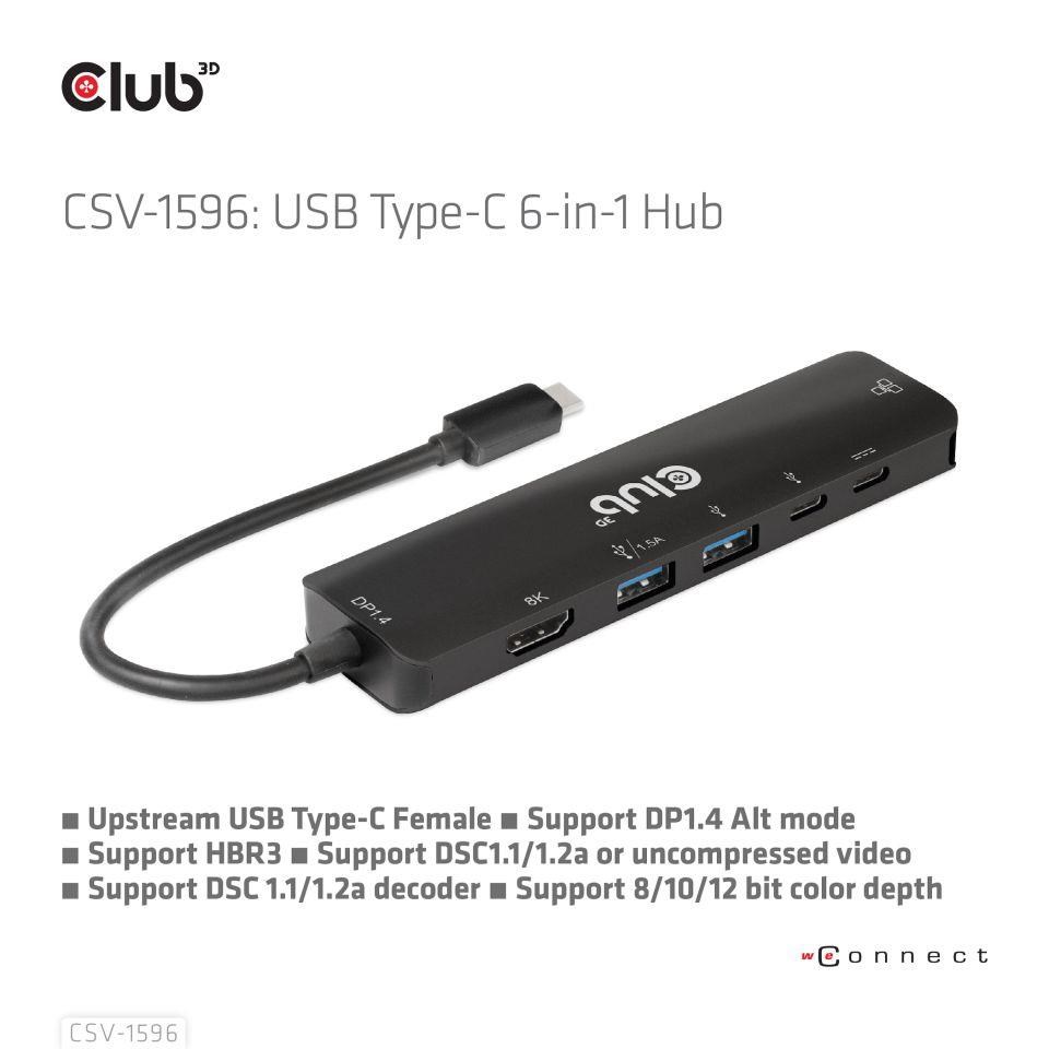 Club3D Hub USB-C,  rozbočovač 6 v 1 s HDMI 8K30Hz,  2xUSB typu A,  RJ45 a 2xUSB typu C,  Data a PD nabíjení 100W5 