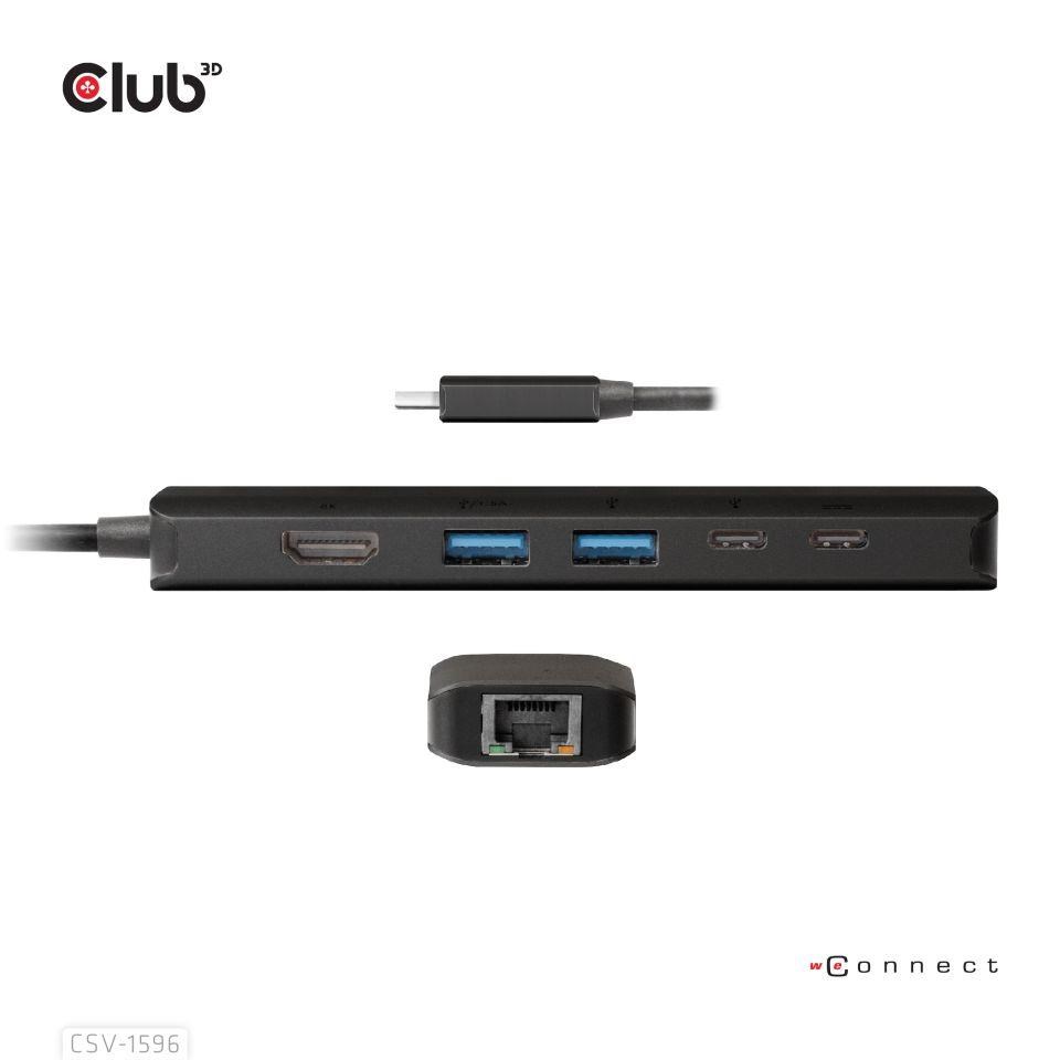Club3D Hub USB-C,  rozbočovač 6 v 1 s HDMI 8K30Hz,  2xUSB typu A,  RJ45 a 2xUSB typu C,  Data a PD nabíjení 100W8 