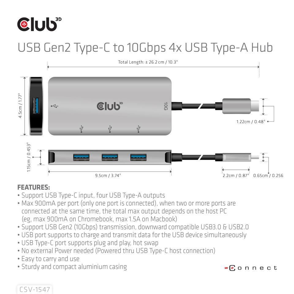 Club3D Hub USB-C Gen2 na 10Gbps 4x USB Type-A Hub2 