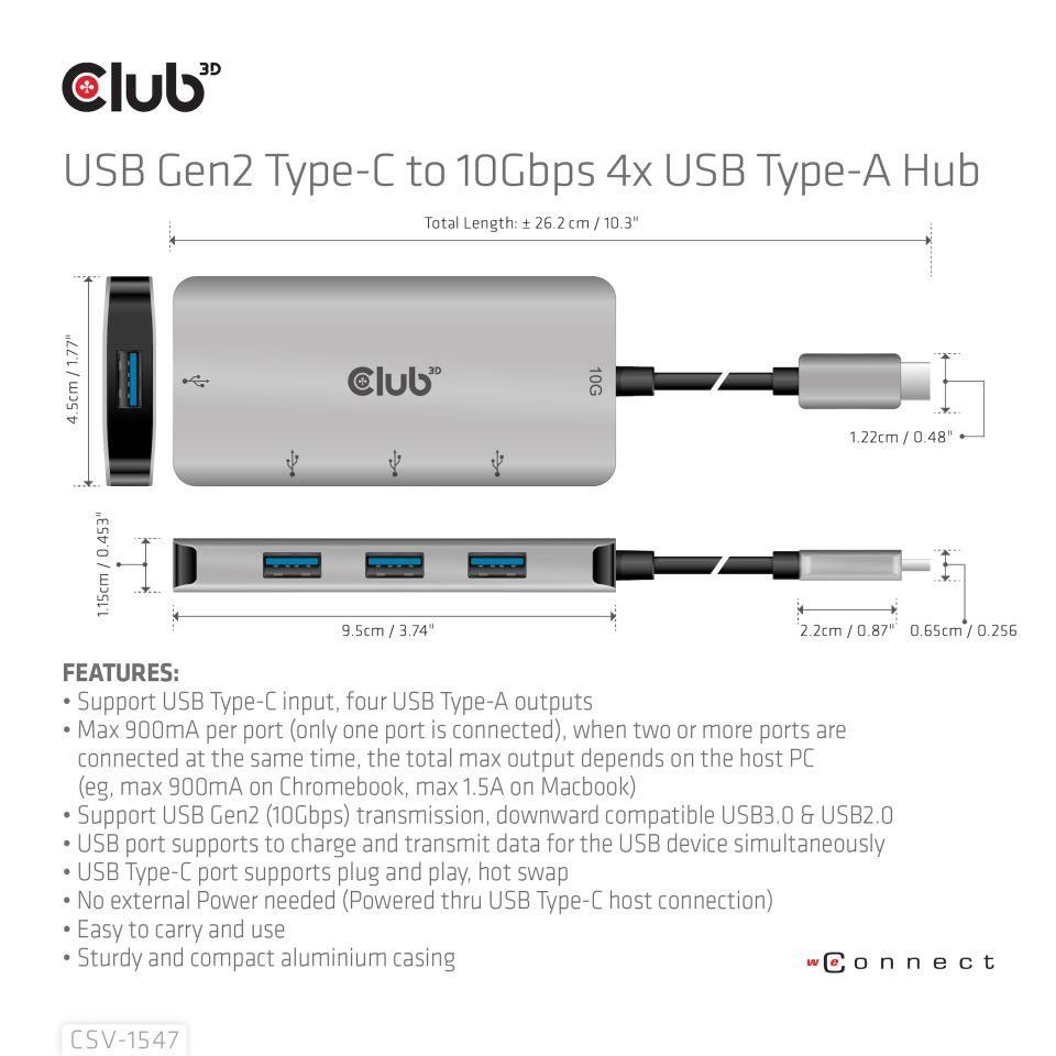 Club3D Hub USB-C Gen2 na 10Gbps 4x USB Type-A Hub3 
