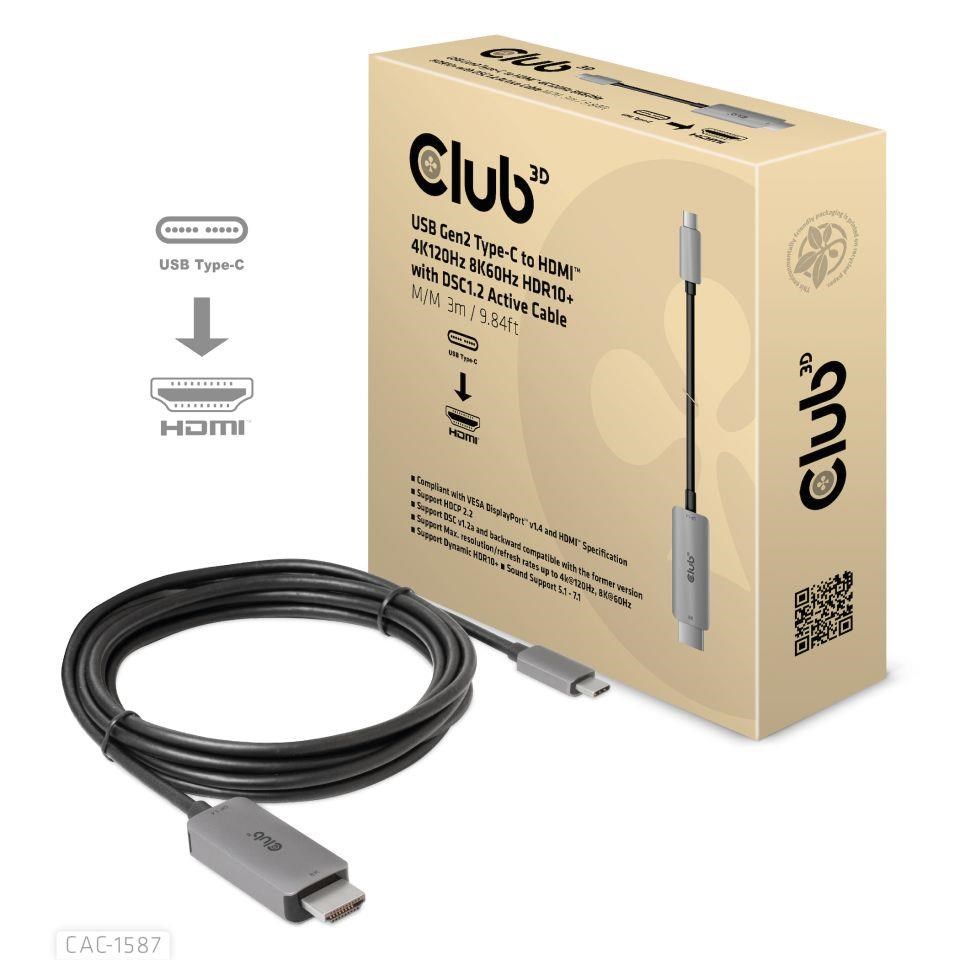Club3D kabel USB-C na HDMI,  4K120Hz 8K60Hz HDR10 s DSC1.2,  Aktivní kabel,  M/ M,  3m0 