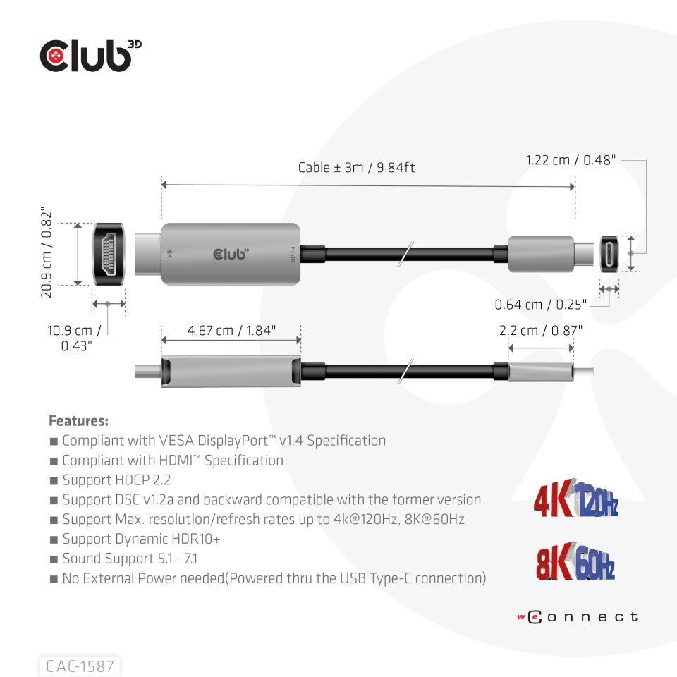 Club3D kabel USB-C na HDMI,  4K120Hz 8K60Hz HDR10 s DSC1.2,  Aktivní kabel,  M/ M,  3m2 