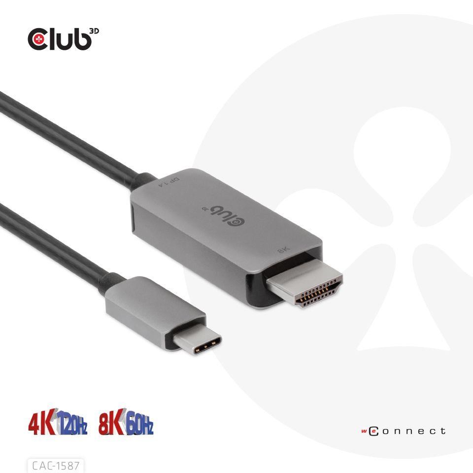 Club3D kabel USB-C na HDMI,  4K120Hz 8K60Hz HDR10 s DSC1.2,  Aktivní kabel,  M/ M,  3m7 