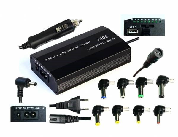 Univerzálny napájací adaptér EUROCASE 100W,  AC 110-240V/ CAR DC 12V,  DC 12- 20,  9 svoriek0 