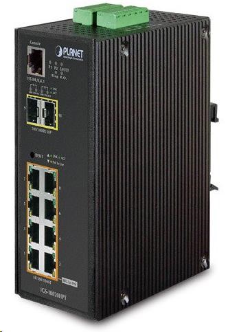 Planet IGS-10020HPT PoE switch 8x 1000Base-T,  2x SFP,  802.3at 270W,  IP30,  -40 až 75°C,  SNMP,  IGMPv3,  IPv60 